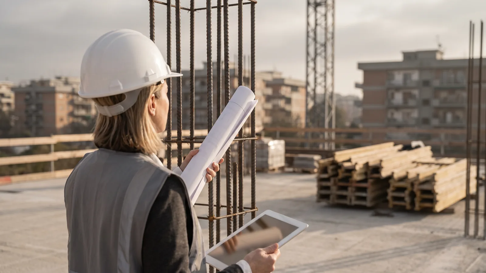 Immagine illustrativa generata con AI: un'ingegnera con casco e gilet, ripresa di spalle in un cantiere in cemento armato, confronta un computo su tablet con i ferri di un pilastro.