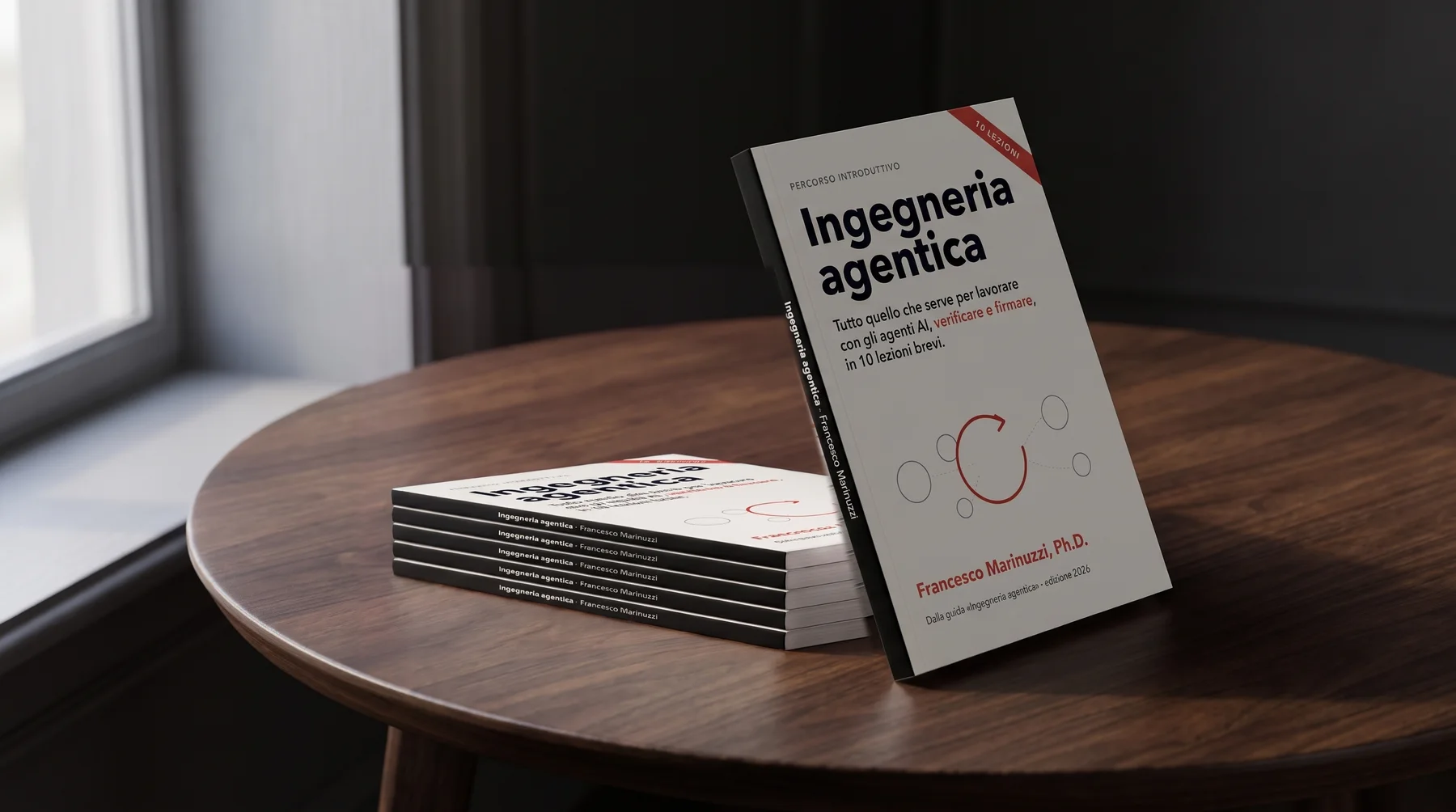 Copie del libro Ingegneria agentica, percorso introduttivo in 10 lezioni, su un tavolo di legno